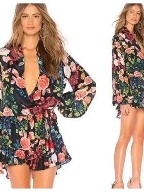 $400 Rococo Sand floral tie waist wrap mini dress S
